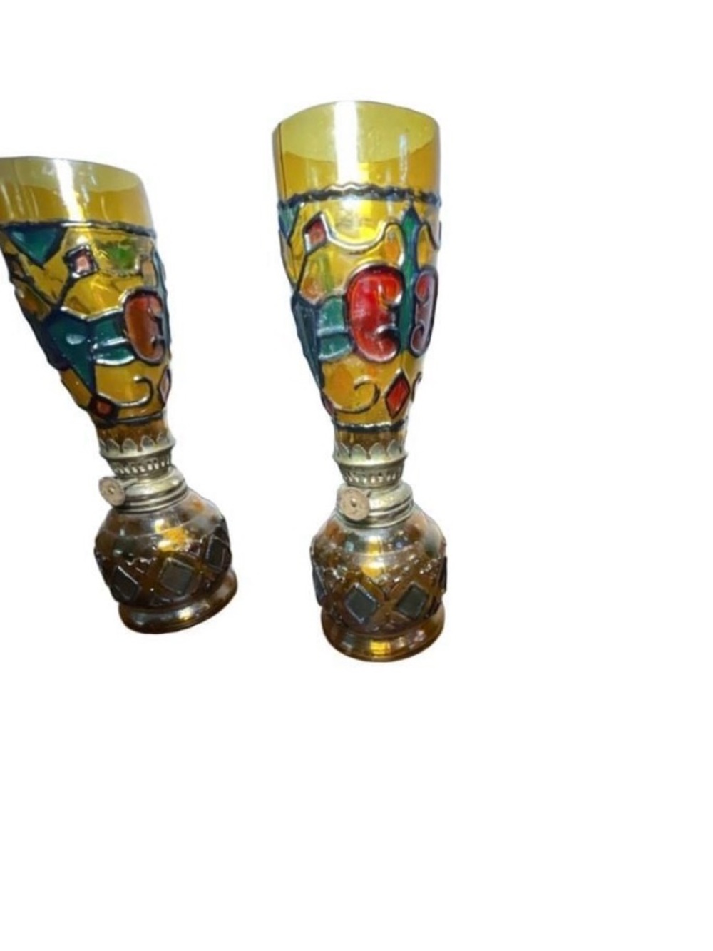 Vintage Pair of Sailboat Brand Amber Glass Faux Stained Glass Mini Oil Lamps